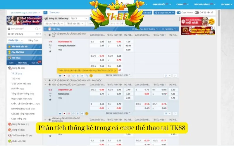 Phân tích thống kê trong cá cược thể thao tại TK88